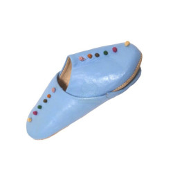 Moroccan artisan slippers for women in sky blue leather with colored decorative bows
