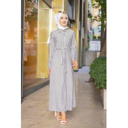 Fully buttoned striped front dress with matching belt (Summer veiled woman) - Black and...