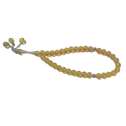 Chapelet (Subha) de luxe à 33 grosses perles de couleur Jaune ambre avec parties argentées