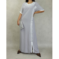 Oriental Algerian dress with short sleeves embroidered and beaded for women - Grey color