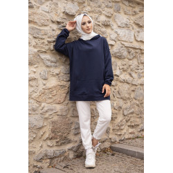 Wide Sweat with hood printed on the back (Woman's dress for hijab) - navy blue color