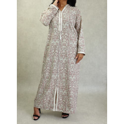 Robe fluide style djellaba marocaine avec capuche motifs fleurie Marron sur un fond...