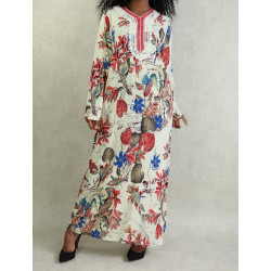 Robe orientale de maison fluide (gandoura) manches longues fleurie pour femme