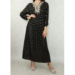 Long dress with golden patterns, embroidery and pompoms for women - Color Black