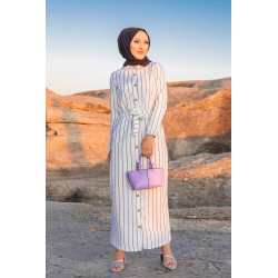 Robe chemise d'été longue à rayures (Vetement hijab chic pour femme) - Couleur blanc et...