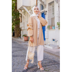 Gilet Veste long col châle manches à froufrou (Modest Fashion France) - Couleur beige