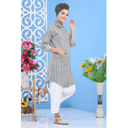 White and light khaki green striped tunic shirt