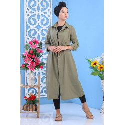 Tunique chemise longue boutonnée tout au long avec cordon pour femme - Couleur kaki