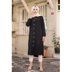 Chemise longue boutonnée type tunique (Mode musulmane) - Couleur noire