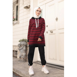 Casual sportswear set for Muslim women - 2-piece striped tracksuit - Burgundy and black