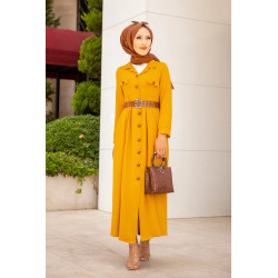 Robe longue casual boutonnée avec sa ceinture (Vetement hijab chic pour femme) -...