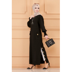 Robe chic avec boutons (Vêtement style habillé hijab - Boutique en France) - Couleur noir