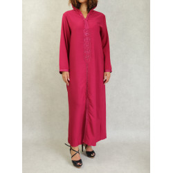 Djellaba marocaine brodée à capuche et manches longues pour femme - Couleur Framboise