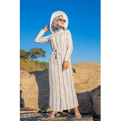 Robe chemise très longue à rayures (Hijab femme voilée chic) - Couleur Crème et gris