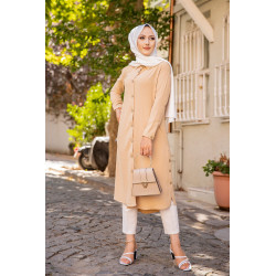 Chemise longue boutonnée type tunique (Vetements et tenues pour Hijab) - Couleur Beige