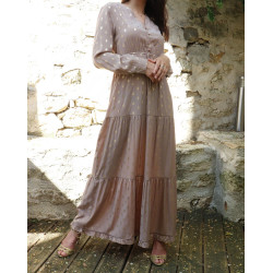 Robe maxi-longue chic à volants pour femme - Couleur Taupe avec motifs dorés
