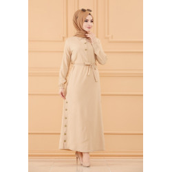 Long dress dressed with women's belt (Chic dress for hijab) - Light beige color