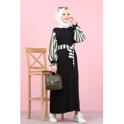 Long black dress with sleeves and belt with khaki and white stripes
