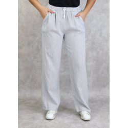 White linen trousers with fine gray stripes