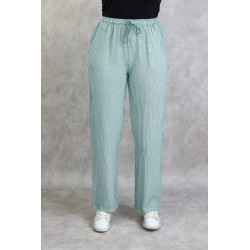 Pantalon femme décontracté en lin blanc à fines rayures vert amande