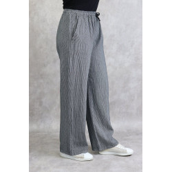 Pantalon femme décontracté en lin blanc à fines rayures noires