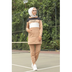 Survêtement tricolore à capuche imprimé "Breathe" (Hijab Sport-Wear) - Couleur Beige,...