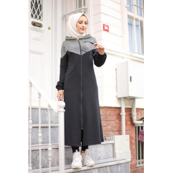 Long cardigan for women (Sportswear style zipped hooded dress for veiled women) - Black...