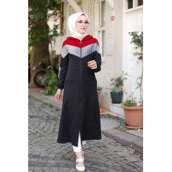 Cardigan long moderne robe zippée style hijab sport avec partie argentée - Couleur noir...