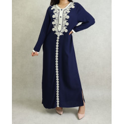 Long Algerian caftan style dress with embroidery and rhinestones - Navy blue color