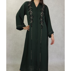 Robe Abaya Dubaï de qualité brodée à la main ouverte à l'avant - Couleur vert sapin foncé