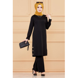 Ensemble tunique boutonnée et pantalon assorti (Style femme hijab) - Couleur noir