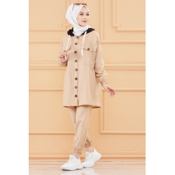 Ensemble casual veste et pantalon pour femme (Mode musulmane France) - Couleur beige