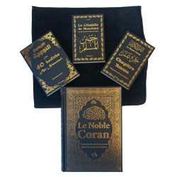 Pack Cadeau pour Homme Musulman (Coran - Tapis adulte - 3 Livres noirs dorés) - Couleur...