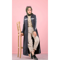 Veste longue zippée style sportswear (Robe Sport pour femme voilée) - Couleur gris...