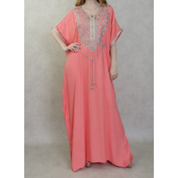 Robe orientale brodée manches courtes pour femme - Couleur saumon