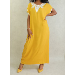 Oriental dress type gandoura tunisian with embroidery for women - mustard yellow color