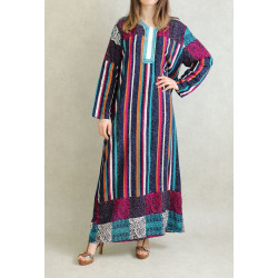 Multicolored long-sleeved striped dress - Turquoise blue color tab