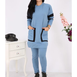 2-piece women's tracksuit with large pockets in steel blue color (Large sizes available)