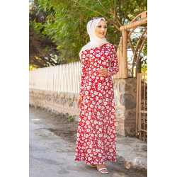 Robe longue à fleurs (Robes fleuries femme hijab pas cher) - Couleur rouge
