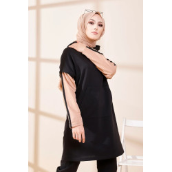 Tunique moderne bicolore avec capuche pour femme - Couleur noir et beige ( Camel )