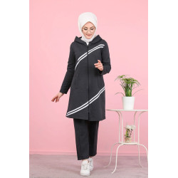 Ensemble survêtement à capuche et bandes pour femme musulmane - Couleur anthracite