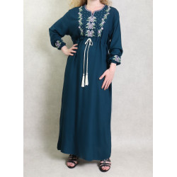 Robe longue brodée avec un lien à la taille pour femme - Couleur Bleu pétrole
