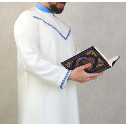 Qamis élégant de qualité supérieure tissu satiné pour homme - Couleur blanc cassé et bleu
