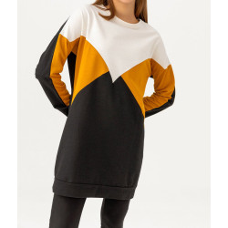Tunique originale pour femme - Sweat-shirt tricolore - Couleur blanc noir et moutarde