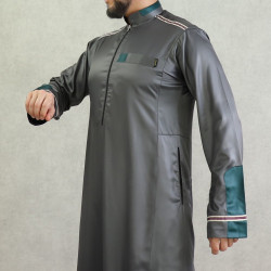 Qamis homme haut de gamme style moderne de couleur vert foncé (tissu satiné)