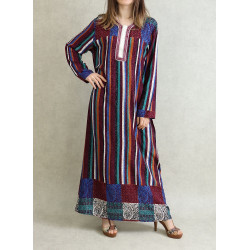 Long-sleeved interior dress pajama style with multi-color stripes - Burgundy color tongue
