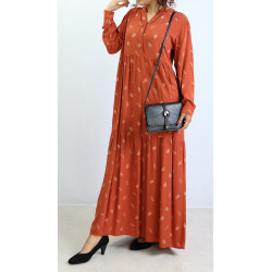 Loose-fit long dress with feather patterns - Brick red color