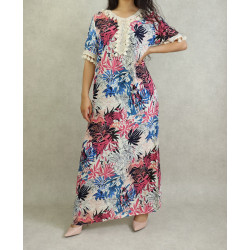 Long summer dress with exotic print for women - Blue and Pink color