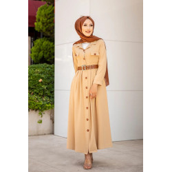 Robe longue casual boutonnée avec sa ceinture pour femme (Vetement hijab chic) -...