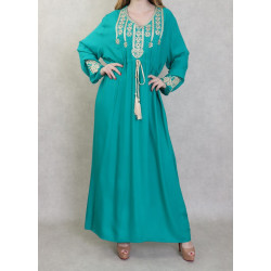 Elegant long dress with embroidery and pompons for women-Color Green emerald